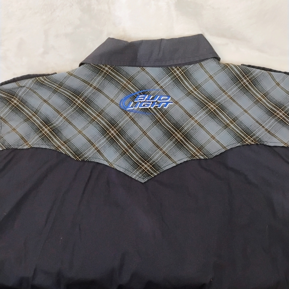 Bud Light Beer Blue Short Sleeve Button Shirt Mens‎ XL Plaid Western Rodeo G